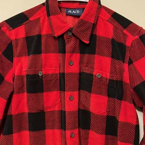 The Childrens Place size 10/12 boys red/black flannel plaid button up shirt. - Picture 2 of 5